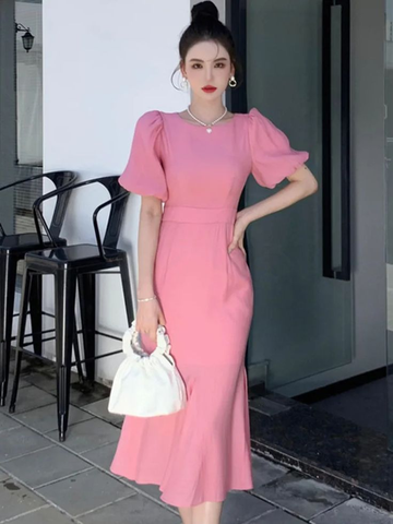 Classy Pink Puff Sleeves Mid-length Prom Dress Pink Evening Dress Y7113