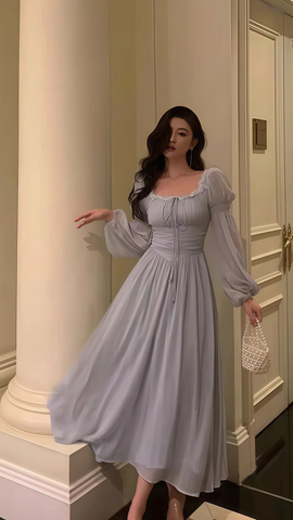 Vestido de fiesta de manga larga de gasa y encaje gris, elegante vestido de noche para baile de graduación Y8021