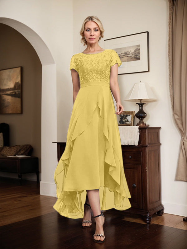 Robe de mère de la mariée asymétrique en mousseline de soie et dentelle, coupe trapèze, décolleté en V, effet illusion, nœud, volants et sequins 