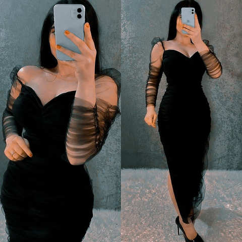 Robe de bal fourreau noire à manches longues en maille pour femme, robe de cocktail noire Y5549