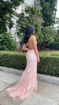 Robe de bal sirène rose en dentelle et tulle, dos lacé, Y2902