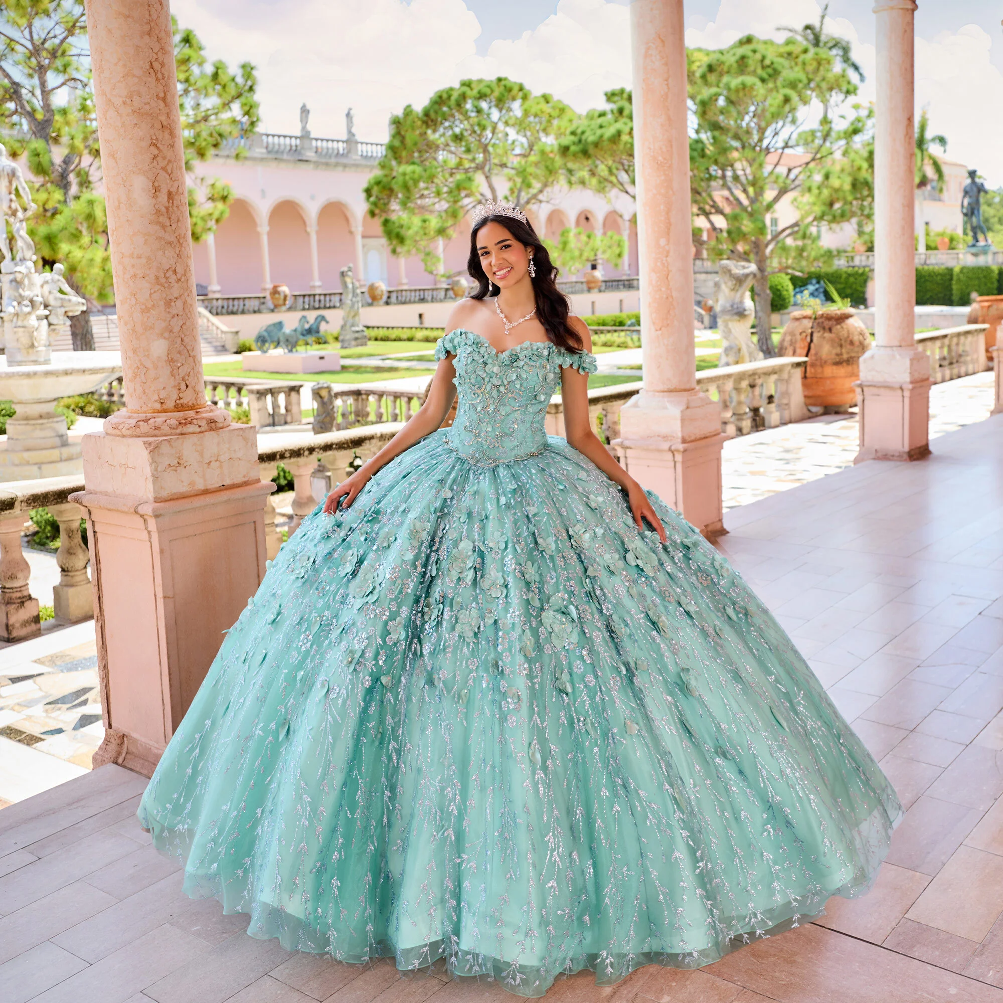Vestido de quinceañera de baile con flores bordadas a mano en color verde esmeralda, vestido de hombros descubiertos con escote corazón Y293