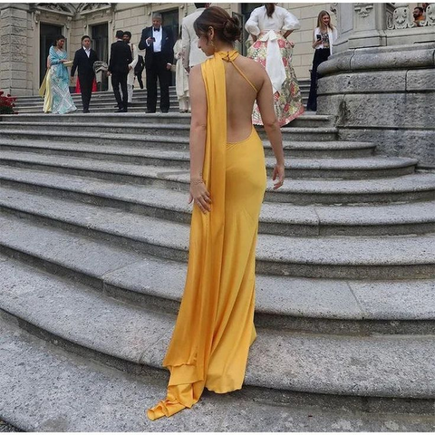 Yellow Satin Backless Off-Shoulder Long Prom Dress Evening Dress Y8466