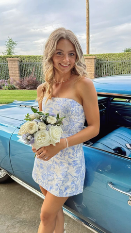 Strapless Blue Floral Mini Homecoming Dress Summer Dress Y2646