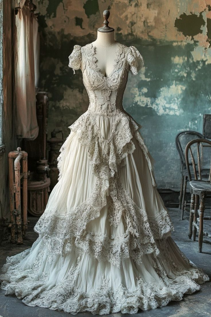 Vestido de baile vintage de gasa y encaje color marfil. Vestido largo de corte A para novia o fiesta de graduación Y8029