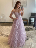 Robes de bal longues en dentelle lilas à épaules dénudées - Robes de soirée lilas à épaules dénudées Y5340