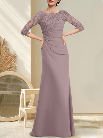 A-line Scoop Floor-Length Chiffon Lace Mother of the Bride Dress With Beading Pleated Sequins