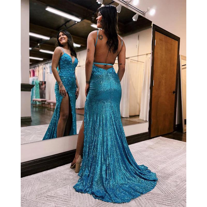 Robe de bal longue à bretelles spaghetti et paillettes orange avec fente