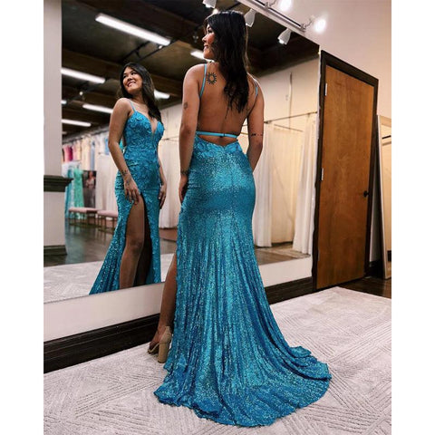 Robe de bal longue à bretelles spaghetti et paillettes orange avec fente