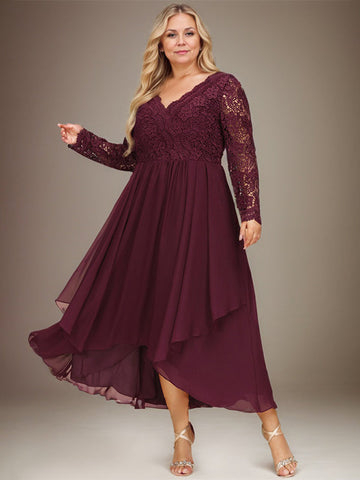 A-line V-Neck Asymmetrical Lace Chiffon Mother of the Bride Dress