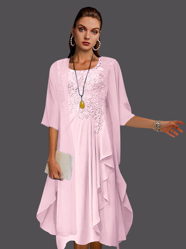 Vestidos de dos piezas de corte A, de gasa, encaje, sin mangas, con chaqueta, pliegues y apliques. 