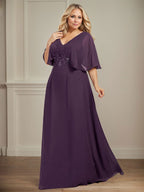 Vestido de corte A, escote en V, largo hasta el suelo, de gasa, para la madre de la novia, con apliques de lentejuelas plisadas y encaje.