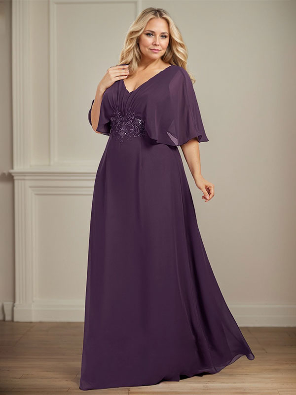 Vestido de corte A, escote en V, largo hasta el suelo, de gasa, para la madre de la novia, con apliques de lentejuelas plisadas y encaje.