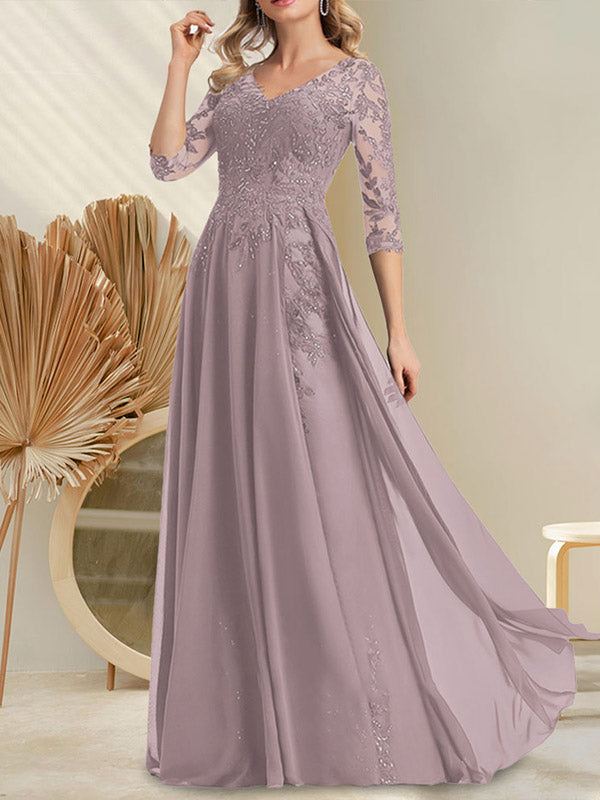 Vestido de novia de corte A, escote en V, largo hasta el suelo, de gasa de encaje con lentejuelas para la madre de la novia