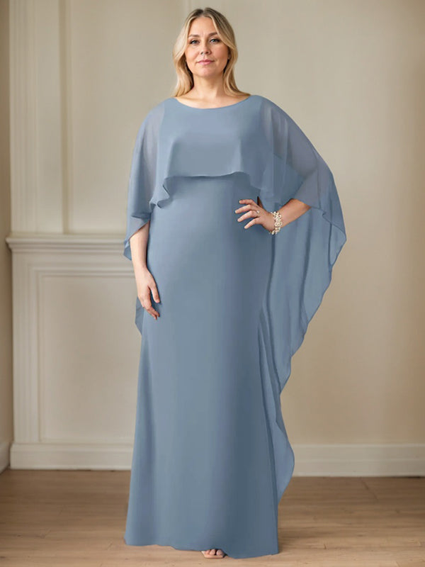 Robe fourreau longue en mousseline de soie pour la mère de la mariée, ornée de volants cascade, avec décolleté arrondi. 