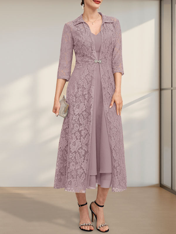 Robe de mère de la mariée en mousseline, coupe trapèze, col en V, longueur thé