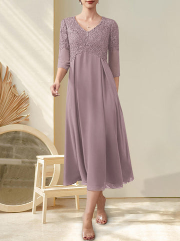 A-line V-Neck Tea-Length Chiffon Lace Mother of the Bride Dress With Beading