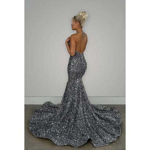 Robe de soirée longue sirène à paillettes, col en V, dos nu, avec traîne