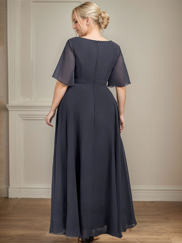 Robe de mère de la mariée en mousseline de soie, coupe trapèze, col en V, longueur cheville, ornée de sequins et de perles plissées