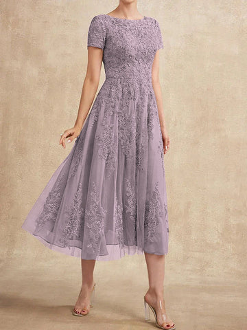 A-line Scoop Tea-Length Tulle Lace Mother of the Bride Dress