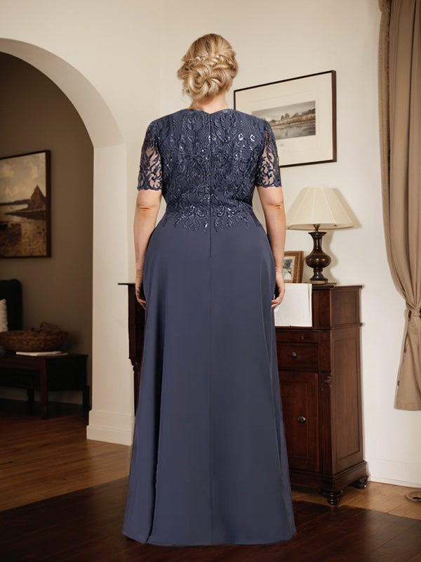 Robe de mère de la mariée en mousseline de dentelle, coupe trapèze, longueur au sol, décolleté rond, ornée de sequins