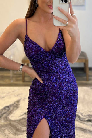 Robe de bal longue sirène à sequins violets