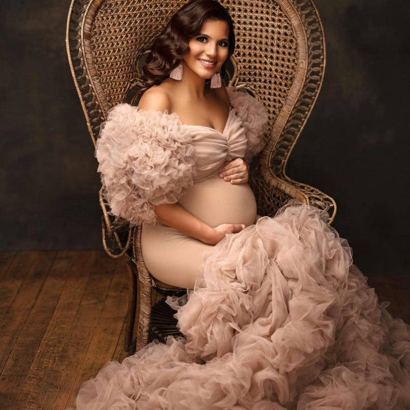 Elegante vestido de maternidad de tul, vestido de maternidad color champán, vestidos de maternidad de tul para sesión de fotos, bata, vestidos formales para embarazadas