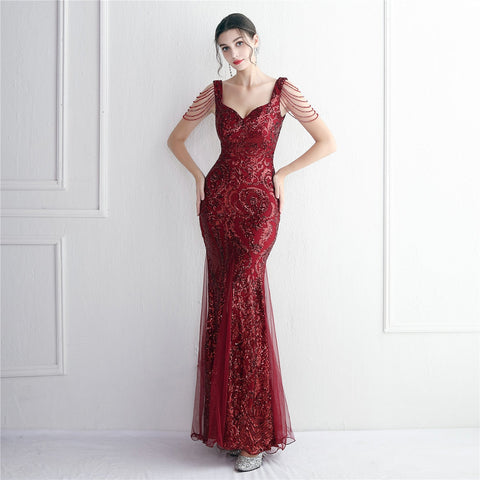 Sequin Mesh Craft Beaded Party Dress Long Cocktail Slim Fit Evening Dress Elegant Long