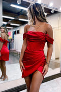 Robe de bal courte rouge tendance à épaules dénudées et froncée, style shetah.