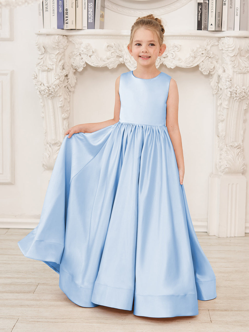 Vestido de niña de las flores de corte A, de satén y encaje, hasta el suelo 