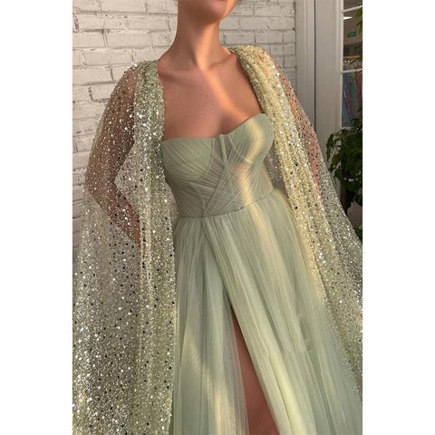 Sweetheart Tulle Pleats High Split Sparkly Prom Dress