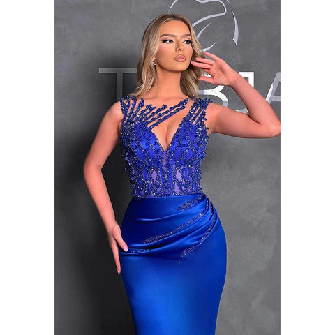 Elegant & Luxurious V-neck Trumpet Sleeveless Beaded Formal Party Prom Dress