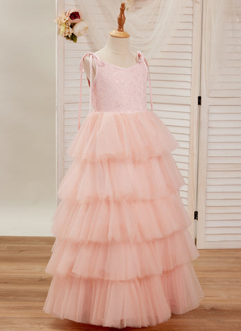 Robe longue rose en tulle et dentelle, coupe trapèze (010220942) 