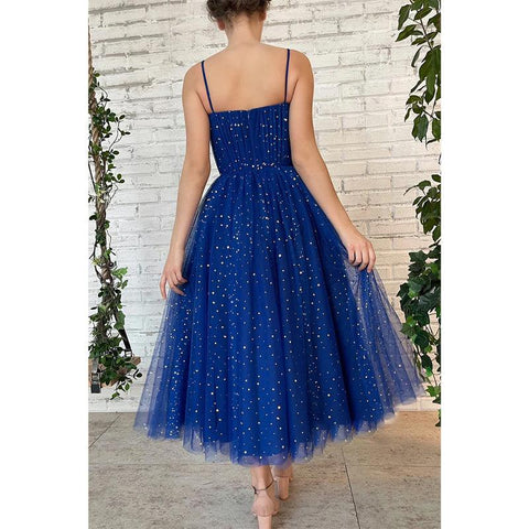 Robe de bal scintillante en tulle étoilé à bretelles spaghetti et poches 