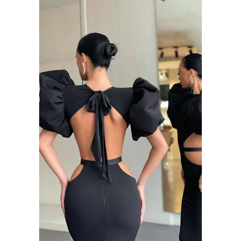 Robe de soirée longue fourreau à col rond et manches bouffantes