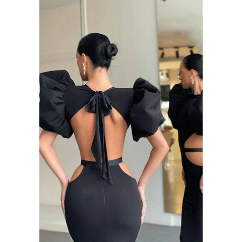 Round Neck Cut Outs Sheath Long Prom Evening Gown With Puff Sleeves