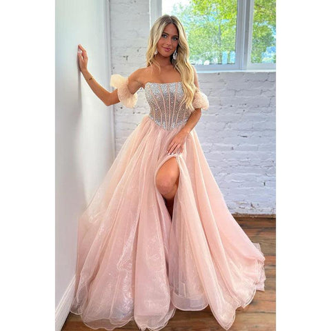 Vestido largo de fiesta sin tirantes, sin mangas, con cuentas, fruncido, de tul, corte en A y abertura