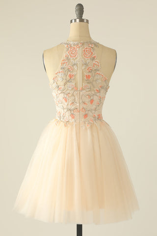Champagne Halter Homecoming Dress with Embroidery