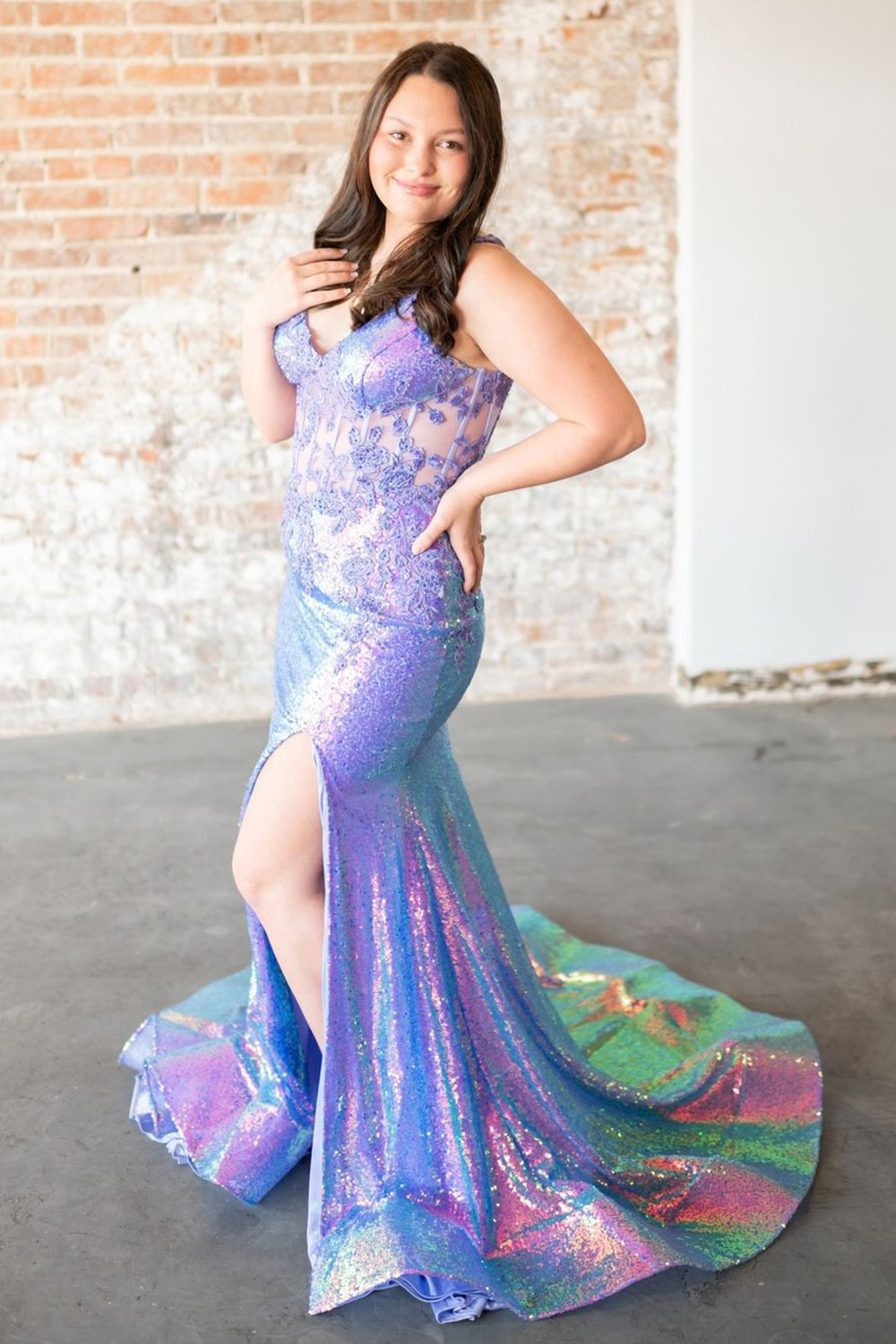 Stunning Mermaid Spaghetti Straps Lilac Sequins Corset Prom Dress with Split Front
