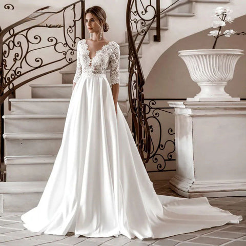 Half Sleeve Satin A-line Wedding Dress Elegant V Neck Bridal Gowns Elegant Bohemian Princess Dress Custome Vestido
