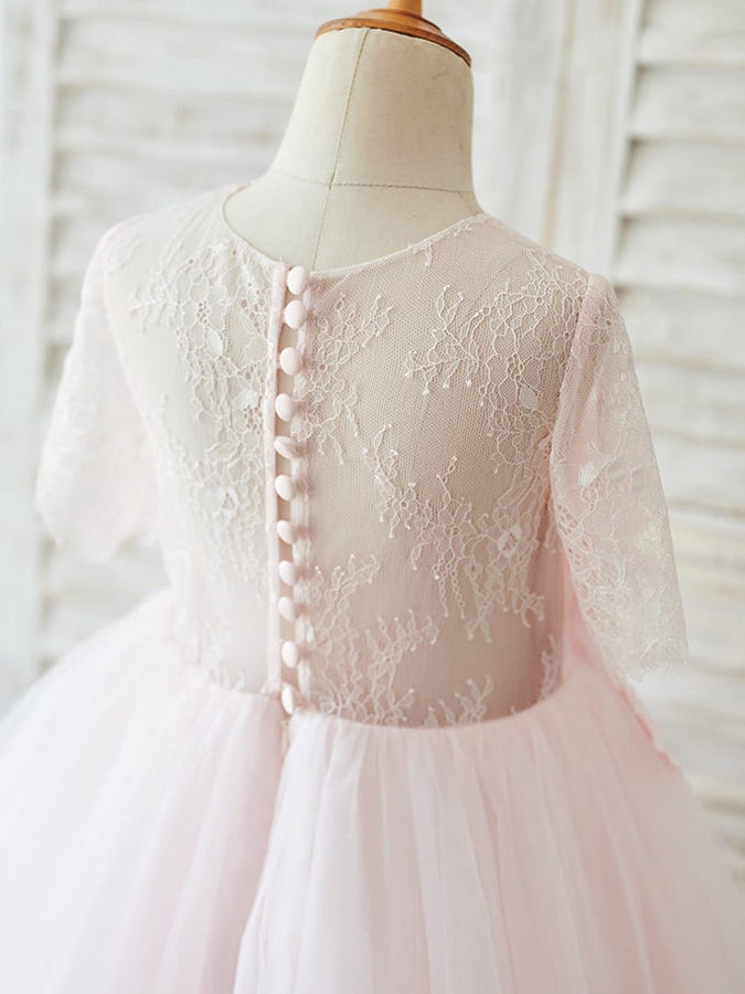 Vestidos de niña de las flores en 3D, corte en A, mangas 1/2, encaje y tul, hasta la rodilla 