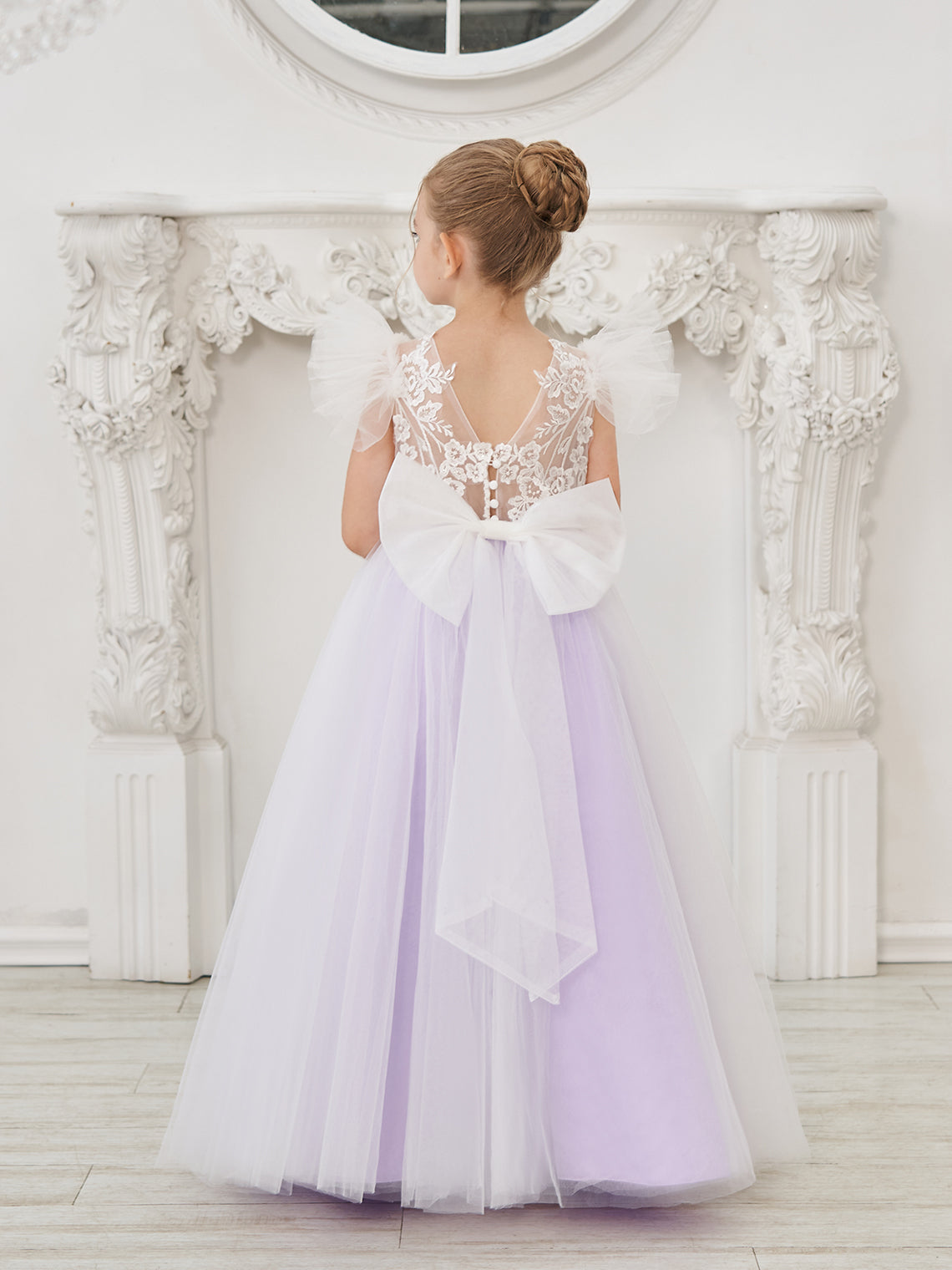 Vestido de niña de las flores con cola de tul y encaje desmontable