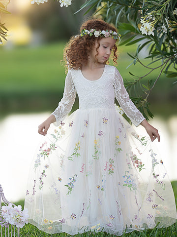 Vestido largo de niña de las flores de jardín, de tul bordado con encaje floral y corte en A 