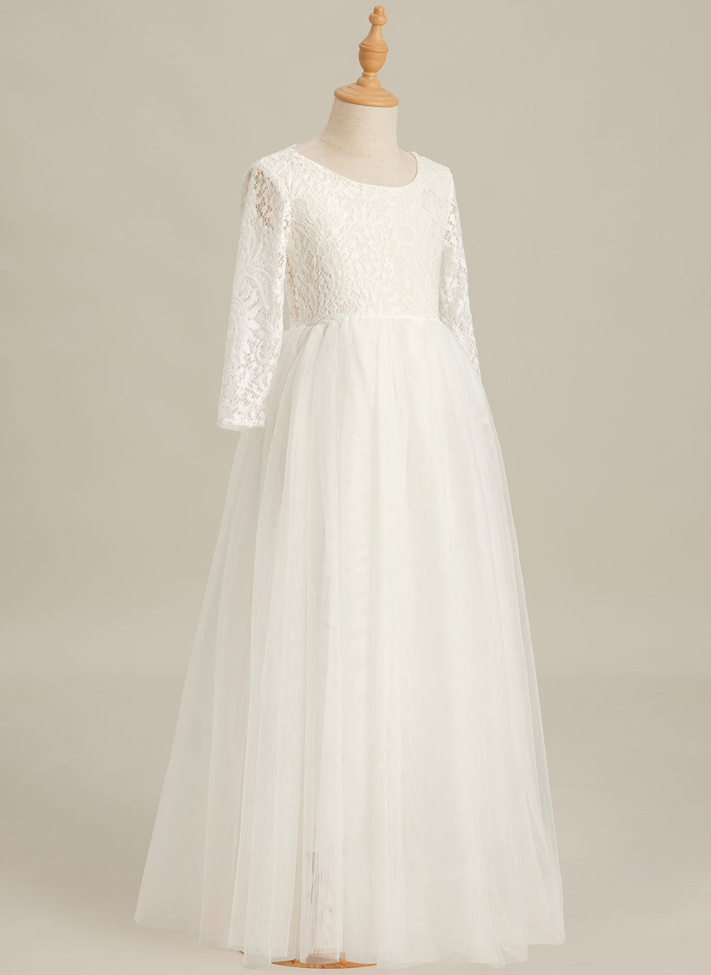 Vestido de niña de las flores de tul, manga larga, corte línea A, encaje blanco angelical 