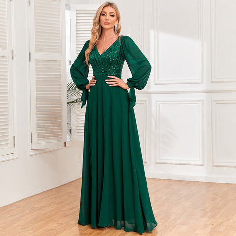 Vestido de fiesta de noche de alta calidad, manga larga, con cordones, doble escote en V, lentejuelas, patchwork de gasa, corte en A, amplio vuelo, con forro completo. 