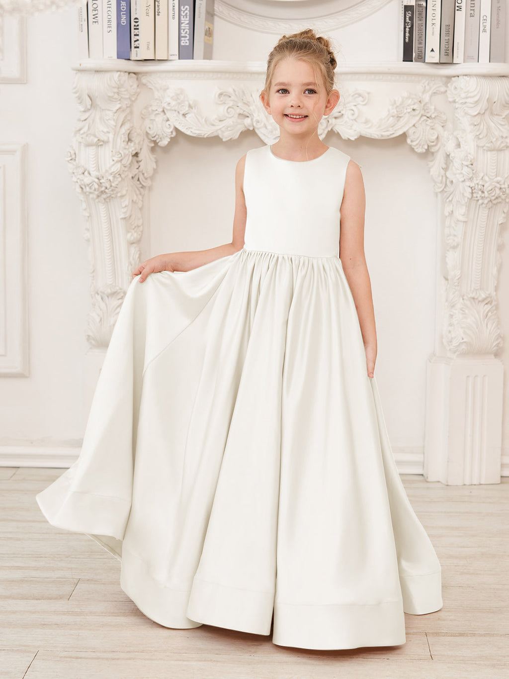Vestido de niña de las flores de corte A, de satén y encaje, hasta el suelo 