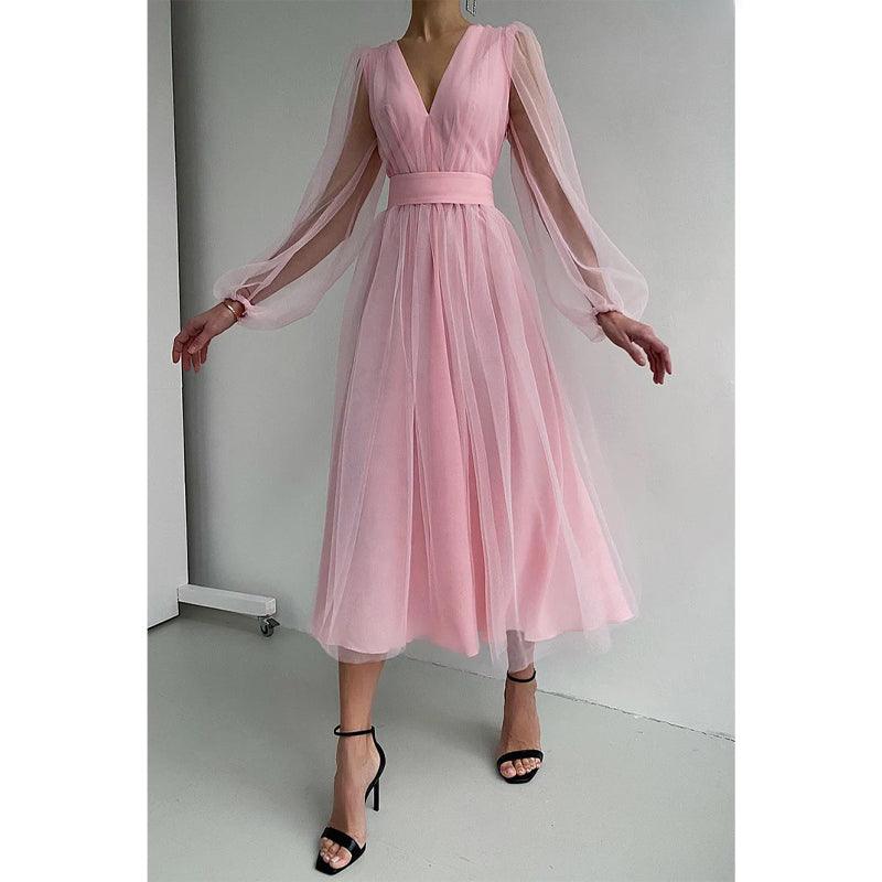Vestido largo sexy de manga larga con cuello en V para cumpleaños 