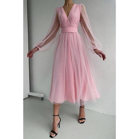 Robe longue sexy à col en V et manches longues pour anniversaire 