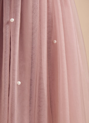 Vestido rosa empolvado de corte A y tul satinado hasta la rodilla (2003227179) 