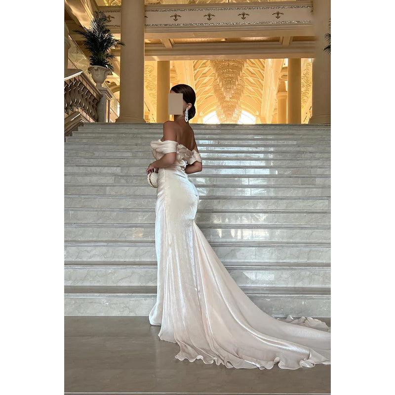 Vestido de fiesta de noche encantador con escote en forma de tubo/columna, hombros descubiertos, mangas casquillo y fruncido